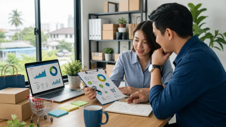 Small business owner reviewing digital marketing performance and campaign planning for a Philippine business