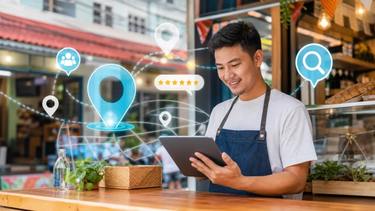 Local business owner using a tablet with abstract local search and map discovery symbols