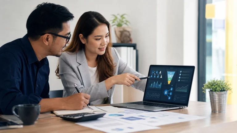 Small business owner and consultant reviewing marketing ROI and inquiry tracking on a laptop