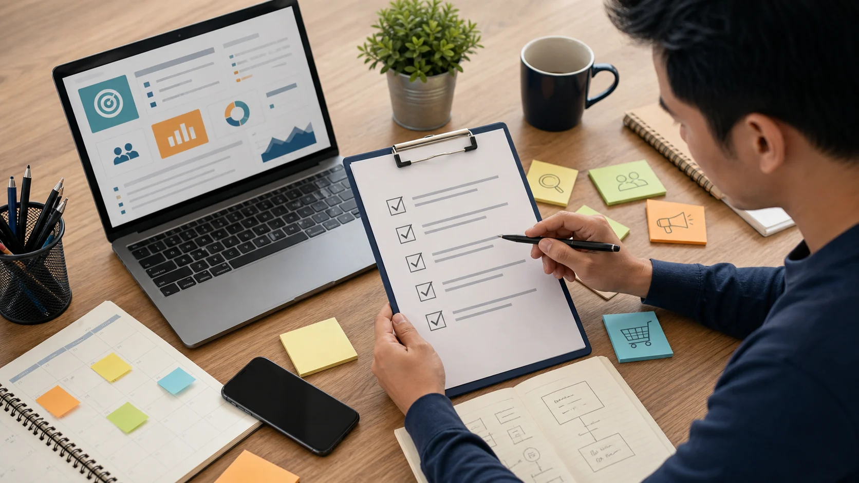 Small business owner reviewing a digital marketing checklist before spending on ads