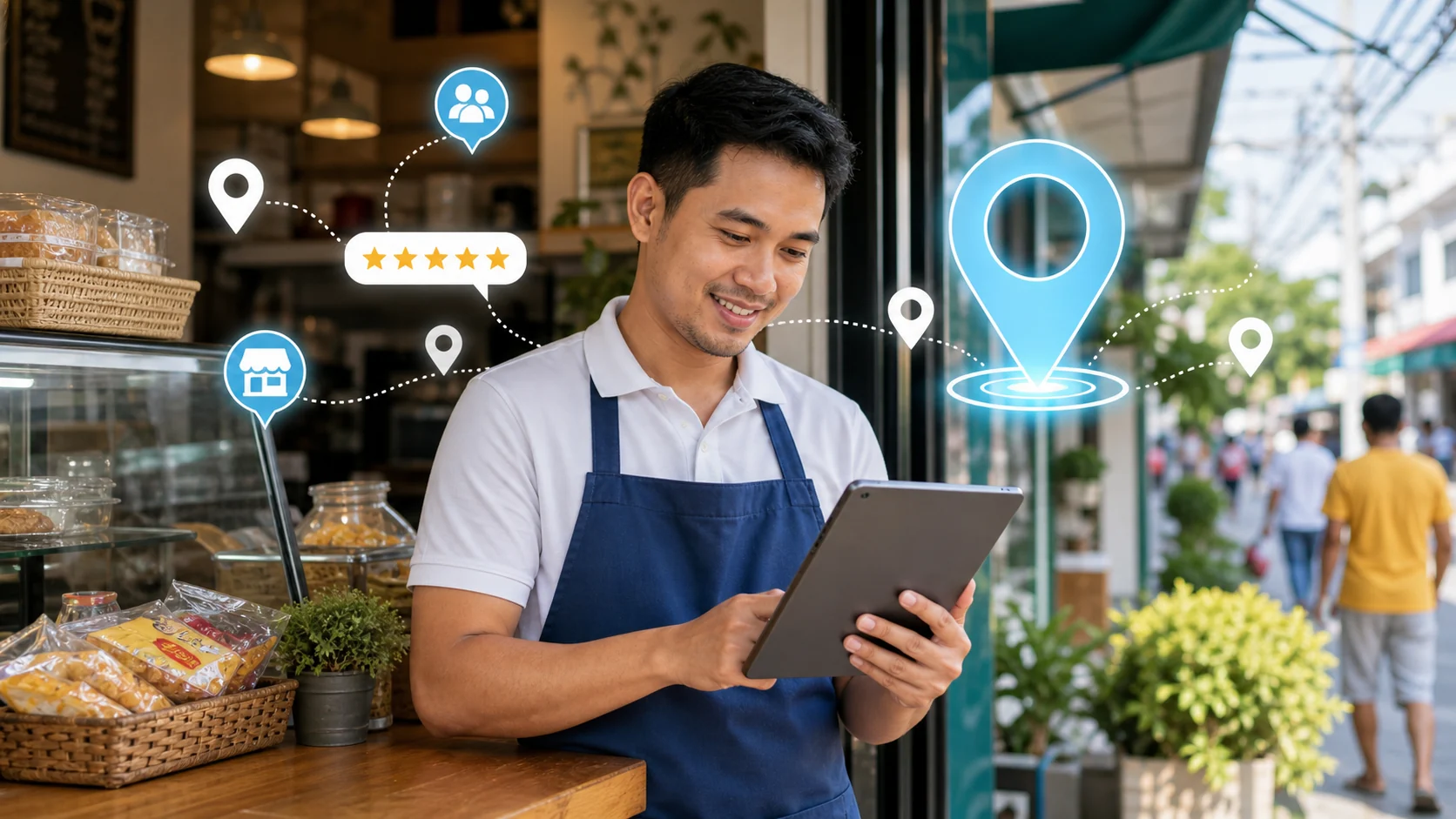 Local business owner using a tablet with map and review symbols for nearby customer discovery