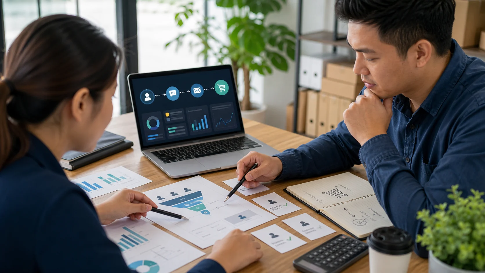 Small business owner reviewing lead quality and marketing ROI with a consultant