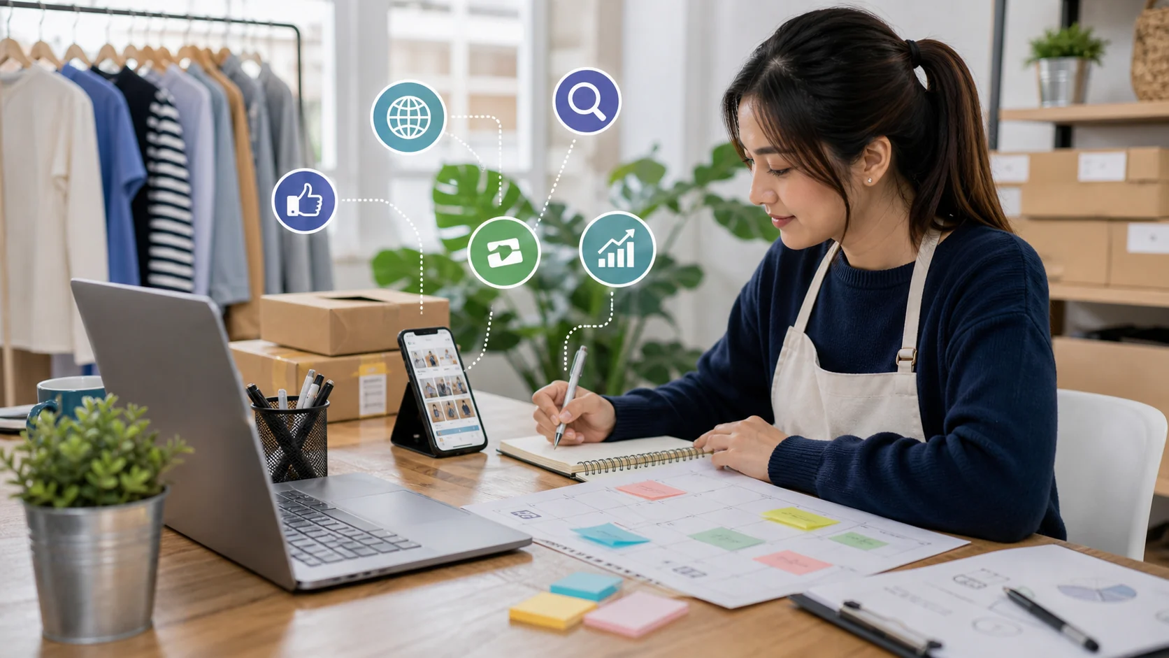 Small business owner planning the first month of digital marketing with a laptop and content calendar