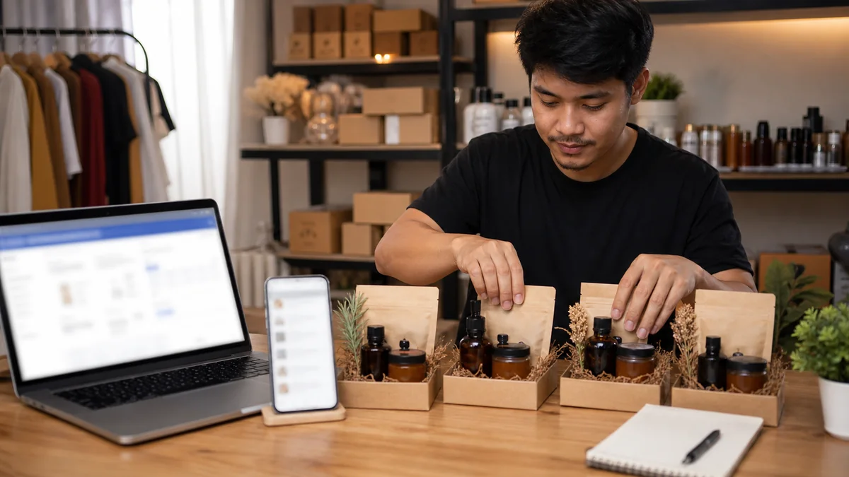 Ecommerce seller arranging product offer before running Facebook ads