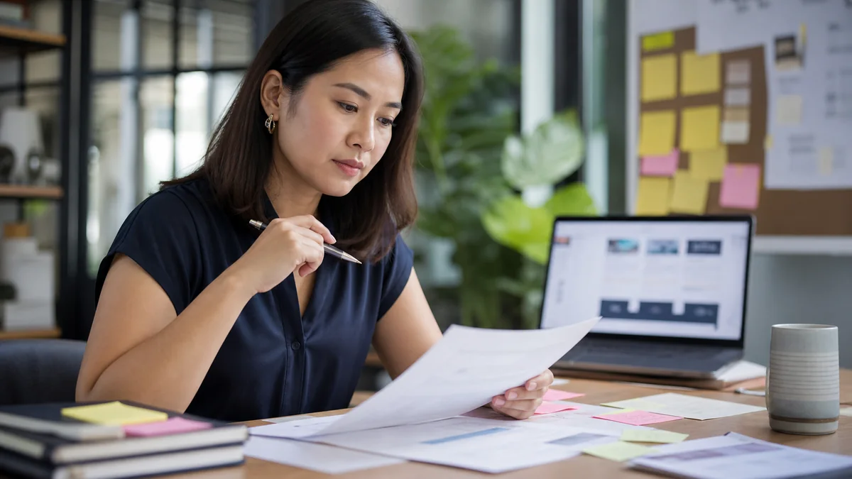 Content strategist reviewing service page draft with small business owner