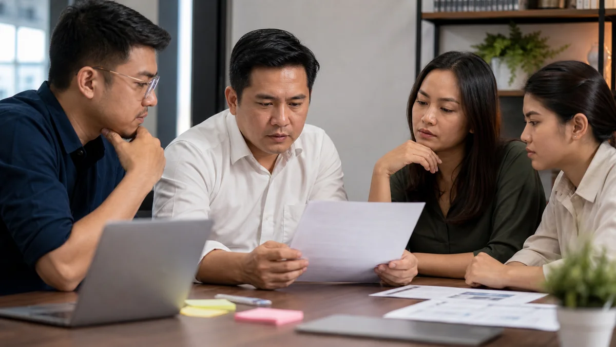Team reviewing marketing report before renewing agency contract