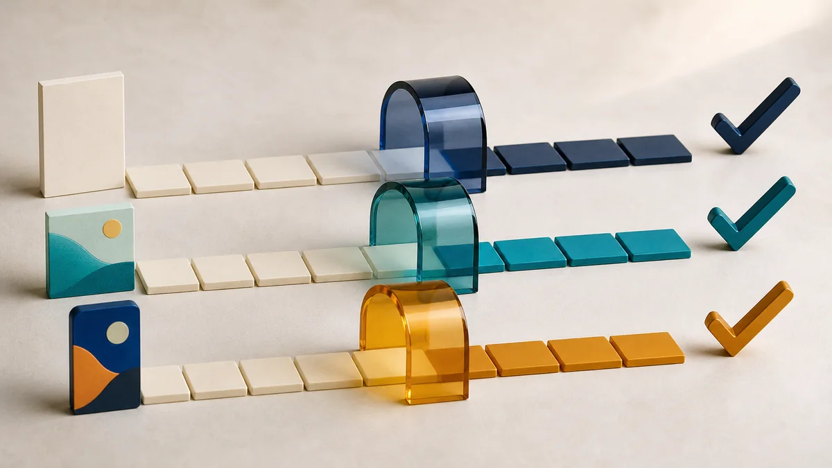 Three abstract publishing paths passing through separate review gates for AI content disclosure