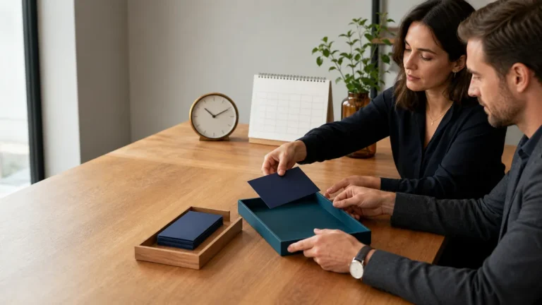 Small-business marketing team moving blank campaign cards between planning trays for the Google Display Ads Demand Gen migration