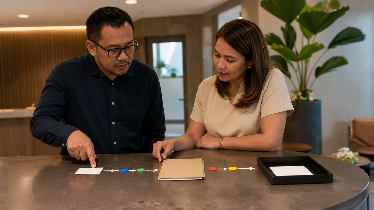 Business owner and marketing partner reviewing how an enquiry moves from campaign to qualified lead follow-up
