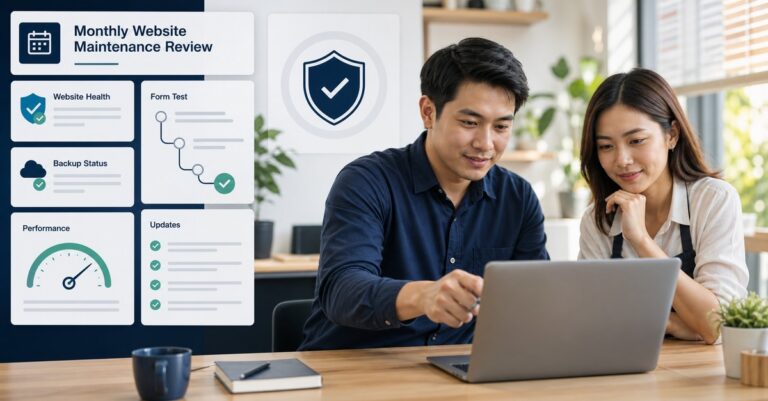 A small-business owner and developer completing a monthly WordPress maintenance review